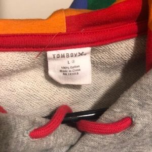 grey hoodie with rainbow hood